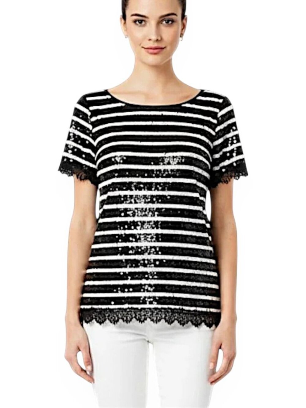 St. John Black White Striped Sequin Lace Trim Short Sleeve Top Party Evening 2